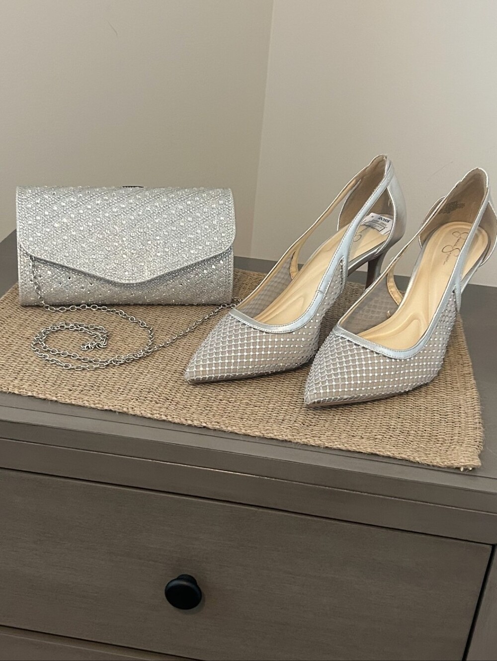 Silver Crystal Embellished Pointed-Toe Heels with Matching Clutch